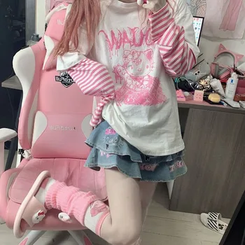 Sanrio Oblečenie Hello Kittys Patchwork Prúžok Dlhé Rukávy Top Harajuku Ženy 2022 Lete Sladké T-Shirt Y2K Dievčatá Estetické Topy