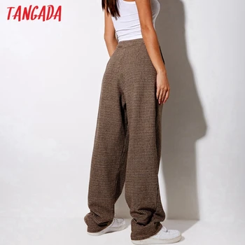 Tangada 2021 zimné móda ženy kockovaný vzor vlna oblek nohavice nohavice vrecká tlačidiel bežné nohavice pantalon DZ03