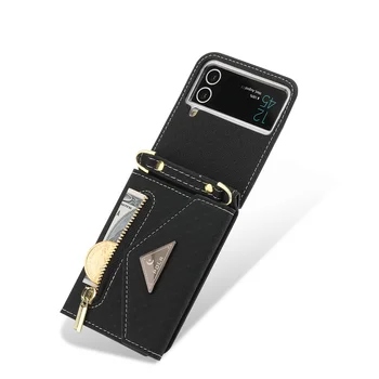 Crossbody Telefón puzdro pre Samsung Galaxy Z Flip 4 5G Flip4 Geometrické Kreditné Karty Slot Shockproof Kožené Zadný Kryt s ozdobná šnúrka na uniforme