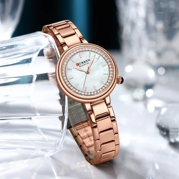 CURREN Luxusné dámske Quartz Nehrdzavejúcej Ocele Sledujte Fashion Tenký Lesklý Dial Rose náramkové hodinky Dámy